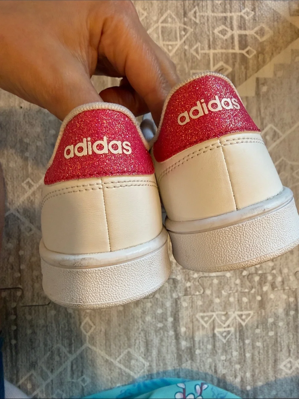 adidas Kids White Sneakers with pink glitter Stripes and Hook-and-Loop Strap